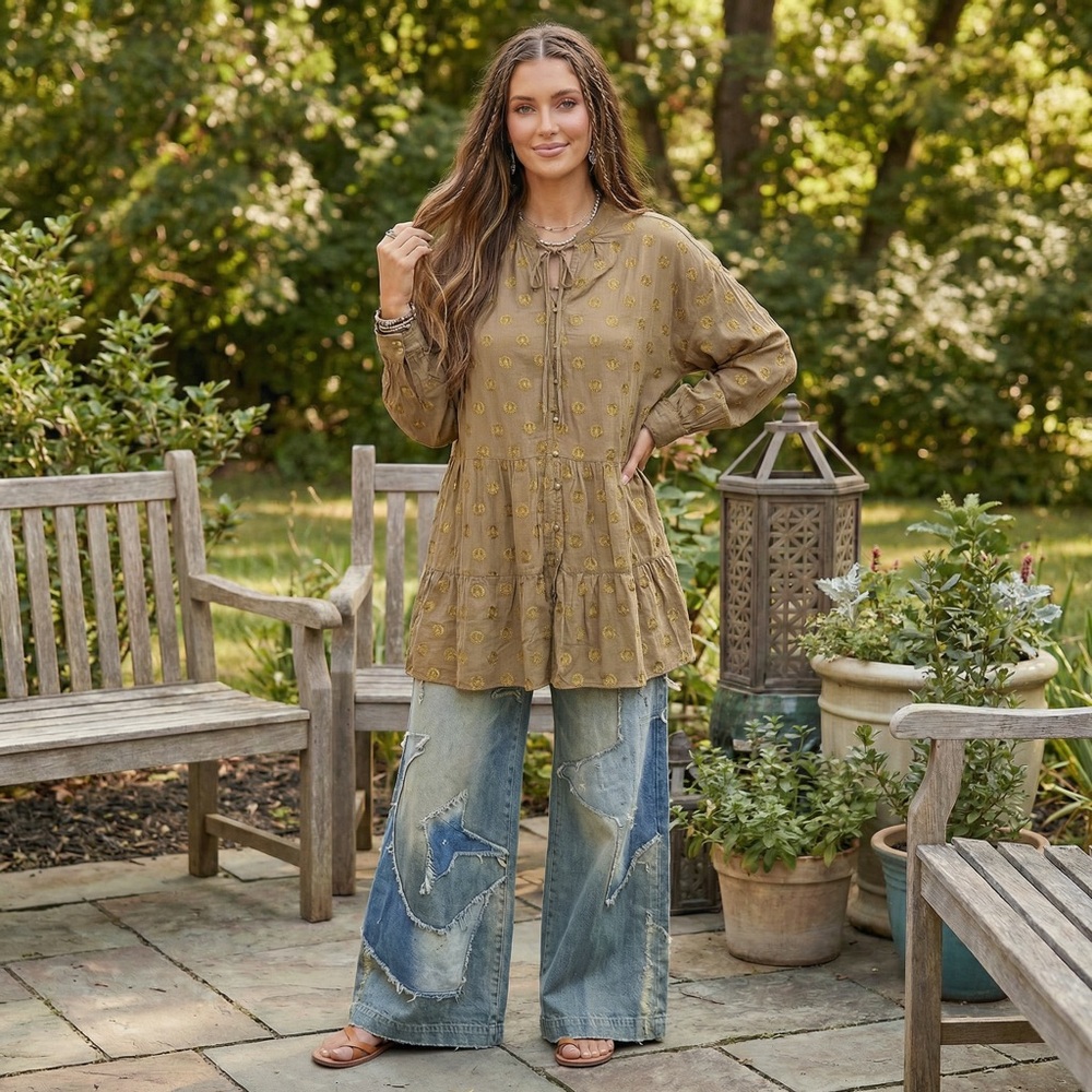 JADED GYPSY Peace Be With You Tunic Button Down Blouse Embroidered Peace Signs - Picture 1 of 7
